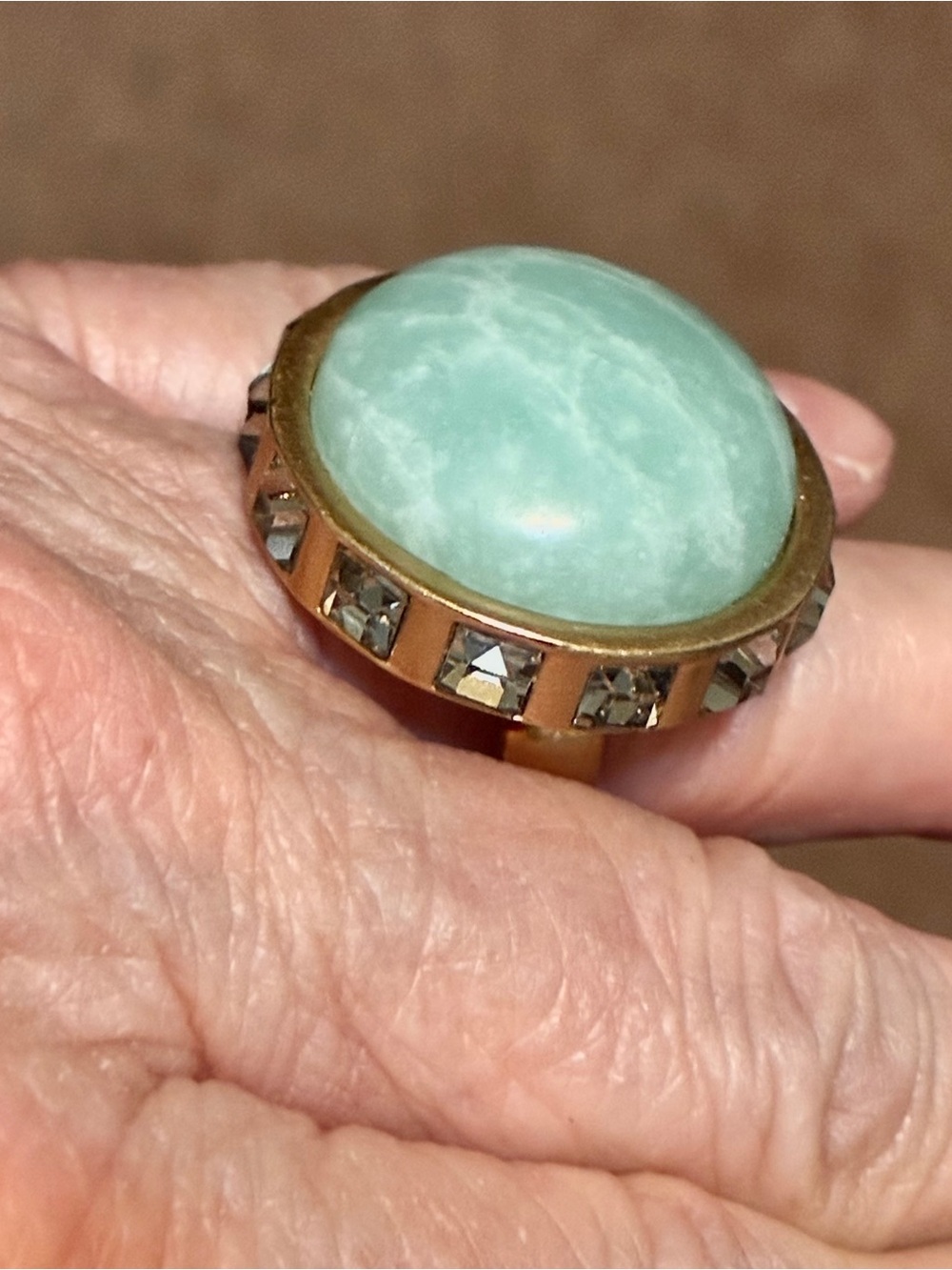 Gold-Tone Ring with Seafoam Green Resin Cabochon and Crystal Accents